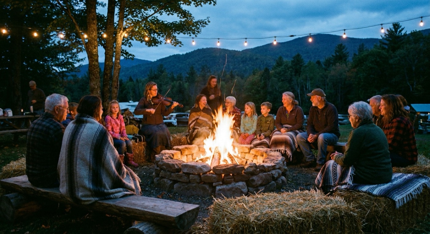 Community hearth fire at dusk
